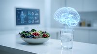 Holographic brain projection over glass of water with healthy salad in modern kitchen representing nutrition science and cognitive health benefits.