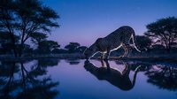 Giraffe bending down to drink from calm water at twilight with acacia trees and reflection in still pond, wildlife scene.