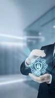 Businessman hands protecting digital security shield with lock icon in modern office environment for cybersecurity and data protection concepts.