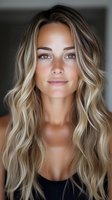 Young Caucasian woman with long wavy blonde hair and natural makeup in soft lighting, looking directly at camera with confident expression. Professional beauty portrait.