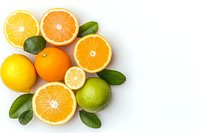 Fresh citrus fruits collection with oranges, lemons and lime slices decorated with green leaves on white background, top view composition for healthy eating.