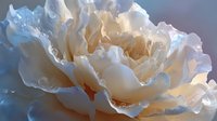 Delicate cream peony flower with ruffled petals in soft focus, showcasing intricate layers and gentle morning dew drops against blurred pastel background.