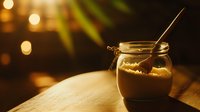 Cozy evening atmosphere with homemade chocolate mousse dessert in mason jar on wooden bokeh lights in dark background.