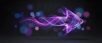 Glowing neon arrow pointing right with purple and pink light trails, bokeh effects, and particle streams on dark background for digital design.