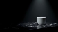 White ceramic mug on black marble surface with dramatic lighting, isolated on dark background, ready for product mockup, branding, and commercial design applications.