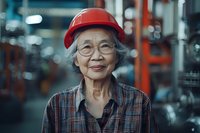 Senior Asian woman engineer wearing red hard hat and plaid shirt smiling confidently in industrial setting, representing diversity and inclusion in workplace safety and leadership.