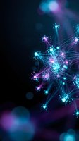 Abstract digital network connections with glowing nodes and data streams on dark background for technology and communication concepts.