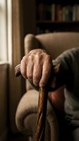 Elderly hands gripping wooden walking cane in cozy home interior with bookshelf and armchair background for healthcare and aging concepts.