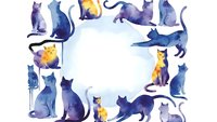 Watercolor cats frame border with purple blue yellow felines in various poses creating decorative space for text or design elements on white background.