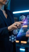 Professional businesswoman using futuristic holographic interface with cybersecurity icons and digital technology elements in modern office environment.