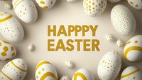 White Easter eggs decorated with gold and yellow patterns and dots arranged around golden Happy Easter text on beige background. Festive holiday composition.