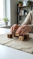 Hands arranging wooden blocks engraved with brain, heart, and psychology symbols on a linen cloth, representing mental health and therapy concepts.