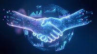Digital handshake with holographic data visualization and financial charts representing business partnership and technology collaboration.