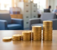 Golden coins stacked in ascending order on wooden desk in modern office environment representing financial growth and investment success.