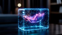 Glowing holographic high heel shoe floating in transparent cube with sparkles and neon blue light effect against dark background. Digital art concept.