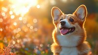 Happy Welsh Corgi dog smiling in golden sunset light with bokeh background, orange autumn colors and warm sunlight creating magical atmosphere.