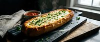 Freshly baked garlic bread with herbs and cheese on slate board, steaming hot homemade appetizer ready to serve with marinara sauce for dipping.