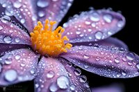 Delicate purple flower petals covered in morning dew drops, with vibrant orange center stamen creating dramatic natural macro photography against dark background.