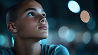 Young African American woman looking up with hope and determination against blurred city lights background at night for inspiration and motivation concepts.