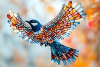 Stylized mosaic bird in flight with spread wings featuring vibrant orange and blue geometric pattern design against soft bokeh background. Decorative art concept.