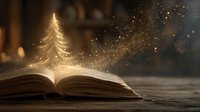 Magical golden Christmas tree emerging from open book with sparkling lights and warm bokeh background creating enchanting holiday storytelling atmosphere.