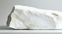 Rough white chalk or limestone piece on light background with natural texture and jagged edges, casting soft shadow. Minimalist geological specimen study.