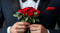 Groom in classic black tuxedo holding red rose bouquet, close-up view of hands and flowers. Wedding ceremony preparation moment captures romance and elegance.