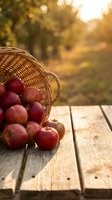 Fresh red apples spilling from wicker basket on rustic wooden table with warm golden sunlight and blurred autumn orchard background for harvest themes.