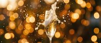 Champagne splashing from glass with golden bokeh lights in background, perfect for celebrations, New Year, weddings, and festive event promotions.