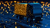 Modern delivery truck with glowing geometric pattern cargo box driving on digital circuit paths against dark background with bokeh lights and network connections.