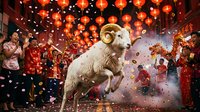 White goat jumping amid red lanterns and confetti during lunar new year celebration with people in traditional clothing and festive decorations.