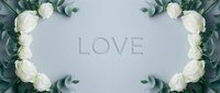 Elegant white roses and green eucalyptus frame a soft gray background with embossed love lettering, perfect for wedding or Valentine designs.