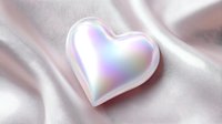 Iridescent holographic heart on soft pink silk fabric with dreamy pastel colors and romantic lighting for love and Valentine's Day concepts.