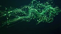 Abstract green digital network with flowing data streams and glowing connection points on dark background for technology and communication concepts.