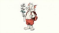 Cheerful cartoon cat character in red shorts holding cotton plant branch, vintage style hand-drawn illustration with retro coloring and delicate linework.