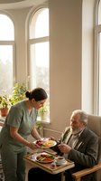 Female nurse in green scrubs serving healthy meal to elderly Caucasian man in bright sunlit room with large arched windows and plants for senior care services.