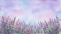 Watercolor lavender field with purple flowers against dreamy pastel sky background for relaxation and aromatherapy designs.