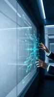 Businessman in formal attire interacting with futuristic holographic display showing digital circuit patterns and data visualization in modern office environment.