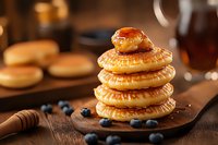 Stack of golden fluffy pancakes drizzled with maple syrup and honey on wooden board, garnished with fresh blueberries, rustic breakfast setting.