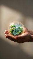 Hands holding glowing sphere with miniature green landscape and digital icons representing environmental technology and sustainable future concepts.