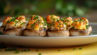 Stuffed mushroom caps filled with colorful vegetables and herbs on white plate, gourmet appetizer ready for party serving and entertaining guests.