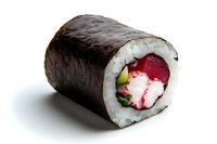 Fresh sushi roll with tuna, cream cheese, and avocado wrapped in nori seaweed and rice, photographed on white background with soft shadow.