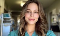 Young female healthcare professional with long wavy brown hair smiling in hospital corridor, wearing teal scrubs.