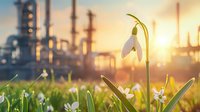Delicate snowdrop flower blooming near industrial zone at sunset, environmental contrast between nature and factory pipes, spring awakening concept.