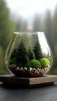 Miniature forest terrarium with evergreen trees and moss on pebble base in glass bowl, displayed on wooden stand against blurred forest backdrop.