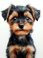 Adorable Yorkshire Terrier puppy portrait with distinctive black and tan coloring on white background, showing characteristic facial features and fluffy fur texture.