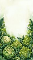 Watercolor illustration of fresh green cauliflower and cabbage vegetables with leafy foliage on cream background, ideal for organic food packaging and culinary designs.