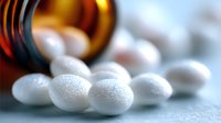 White oval pills spilling from amber prescription bottle on light surface, macro pharmaceutical photography for medical and healthcare concepts.