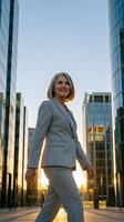 Confident mature businesswoman in gray suit walking through modern financial district at sunset for corporate leadership and success concepts.