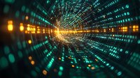 Digital data tunnel with glowing binary code streams converging toward bright central light representing information flow and cyber connectivity.
